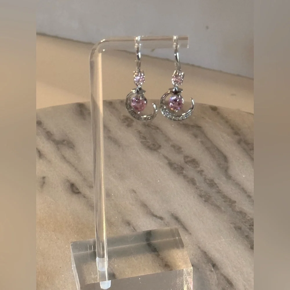 NWOT 925 Sterling Silver Pin Crushed Ice CZ Necklace & Pink Dangling Earrings